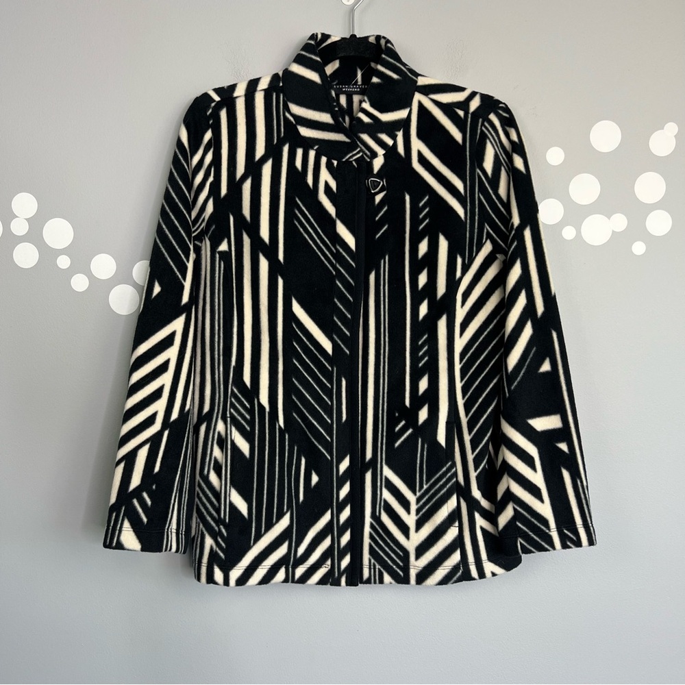 Susan Graver Weekend Geometric Fleece Zip Jacket Black Cream Abstract Print S